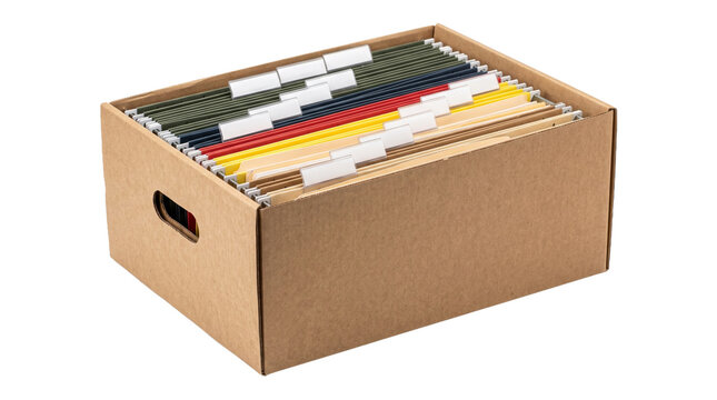Cardboard filing box with colored hanging folders for business office organization and paper management.