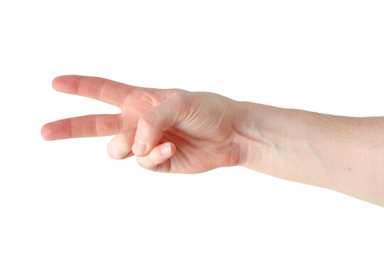 human hand showing peace sign or victory gesture, two fingers pointing sideways, isolated on transparent background