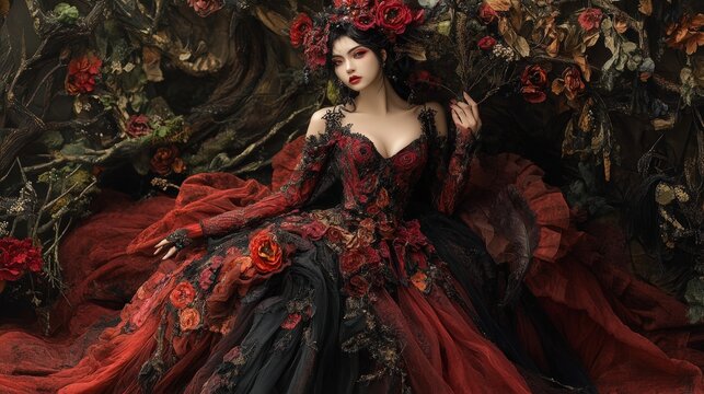 Gothic queen in red floral gown, dark fantasy portrait of a woman in a luxury dress.
