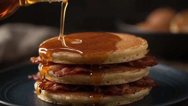 Maple syrup pouring over stack of pancakes with bacon slices