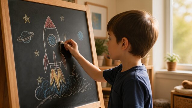 Boy drawing a rocket on a chalkboard in a bright room