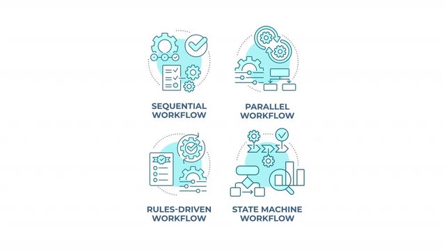 Digital transformation frameworks blue concept icons animation set. Scalable enterprise workflow architectures. Cyan circular animated abstract ideas. HD video collection with alpha channel