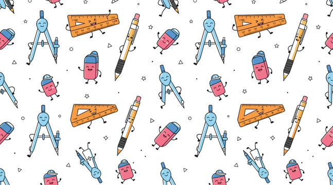 Cute school supplies seamless pattern featuring cartoon pencil compass ruler sharpener and eraser characters vector illustration on white background