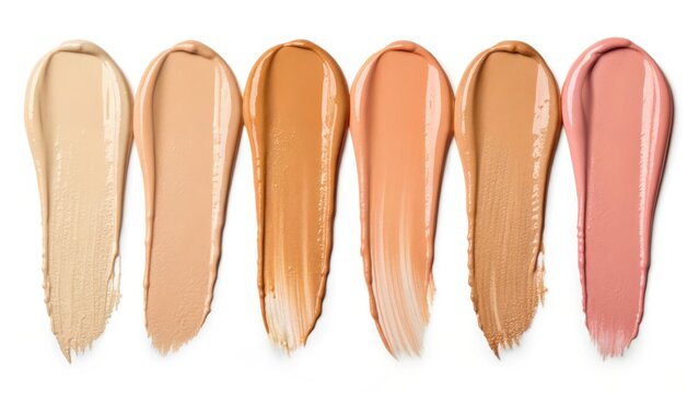 Six different shades of liquid foundation makeup swatches isolated on white background