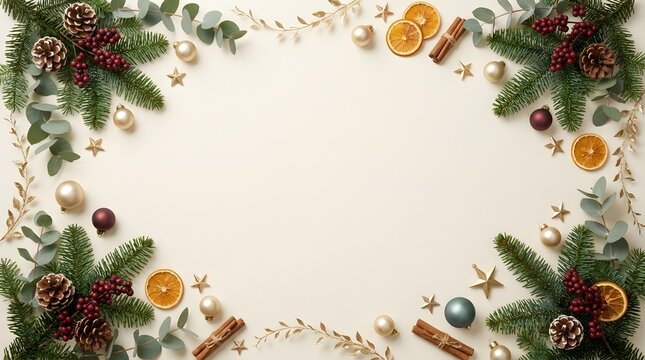 Elegant christmas frame background with pine branches dried orange copy space