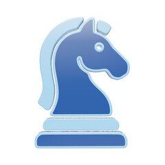 A 3D rendered blue chess knight piece icon with a light blue outline, featuring the classic horse head silhouette on a base, isolated on a white background, for gaming © Zilkasun