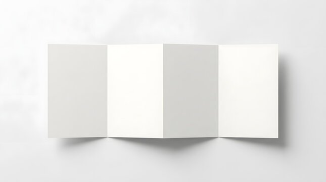 Blank white four panel accordion fold brochure mockup isolated on a clean light gray studio background