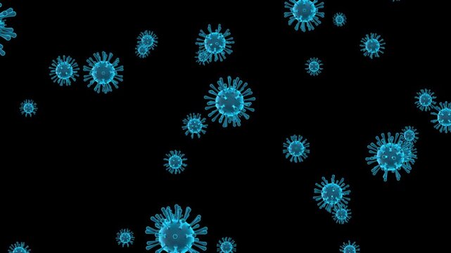 Blue Virus Cells Floating Isolated Alpha channel Animation ,3D Microscopic Bacteria Pathogen for Medical and Science Stream Videos Motion Design Element