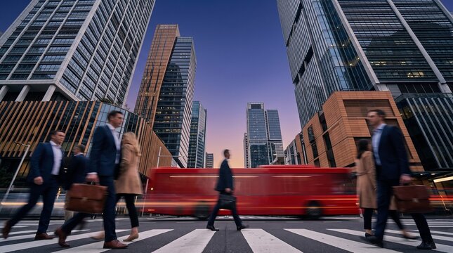 Business People Commuting on City Crosswalk at Sunset