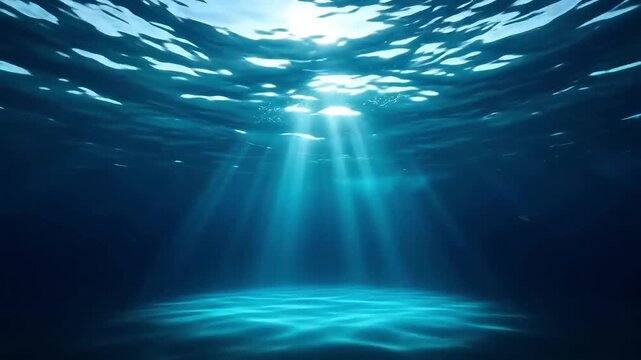 Sunlight penetrating deep ocean water casting light rays in blue sea