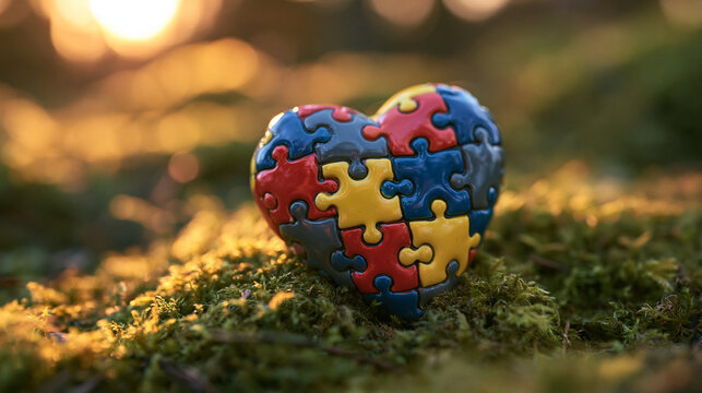 Autism Awareness Puzzle Heart on Green Moss at Sunset