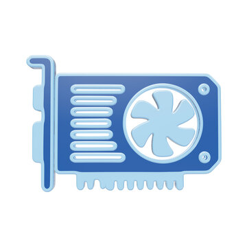 A 3D rendered icon of a blue computer card with a cooling fan, isolated on a white background, representing hardware, gaming, and computer component technology concepts