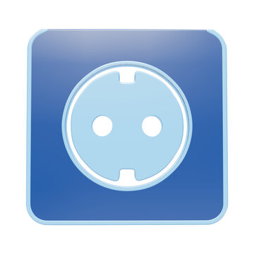 A 3D rendered icon of a blue electrical wall power socket with two circular holes, isolated on a black background, for energy and, power concepts