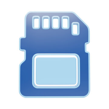 A 3D rendered icon of a blue digital memory sd card, featuring a glossy finish and rounded edges, isolated on a black background, for technology