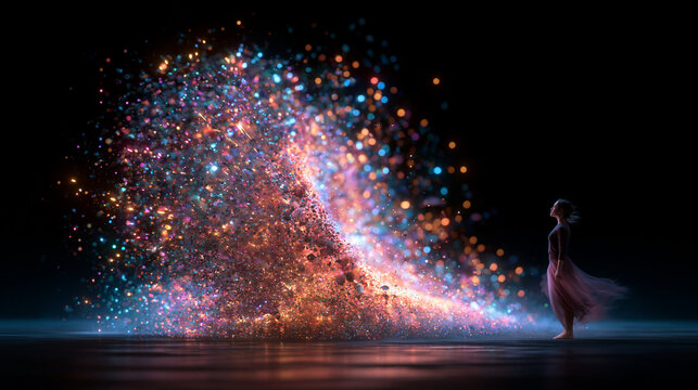 Woman Standing Before Glowing Wave of Magical Particles