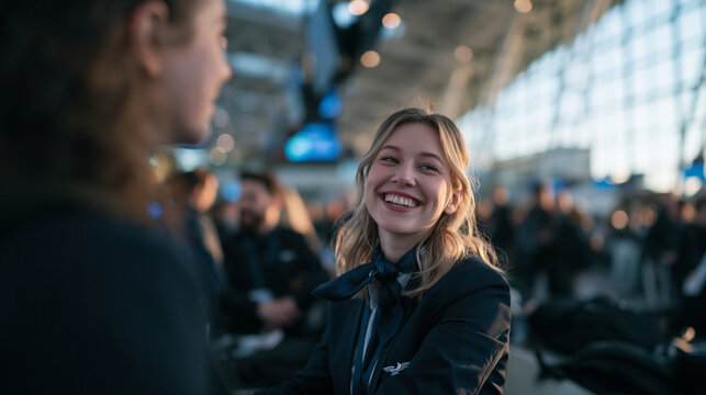 Smiling Flight Attendant Assisting Passenger in Airport Terminal