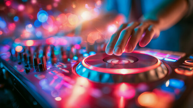 Close-up of a DJ hand operating a glowing mixing console and turntable under colorful neon lights, representing nightlife, electronic music and live entertainment