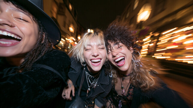 Excited Young Diverse Friends Laughing Together During Night Out