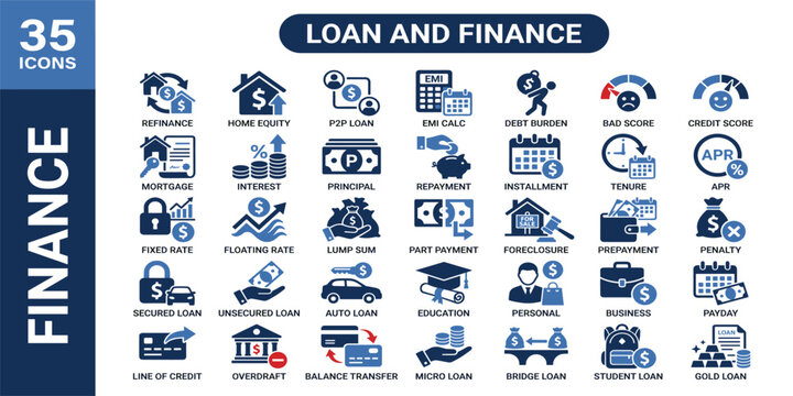 Loan and finance icon set. Vector collection including refinance, home equity, p2p loan, emi calc, debt burden, bad score and credit score symbols.