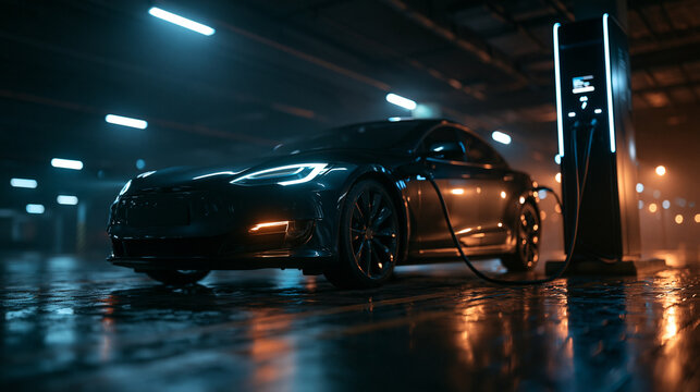 Electric Car Charging at Modern Underground Station at Night