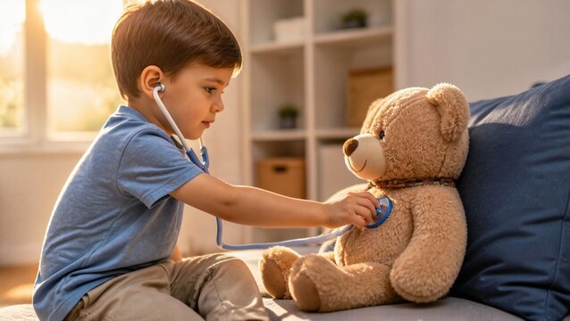 Boy playing doctor with teddy bear in a cozy indoor setting