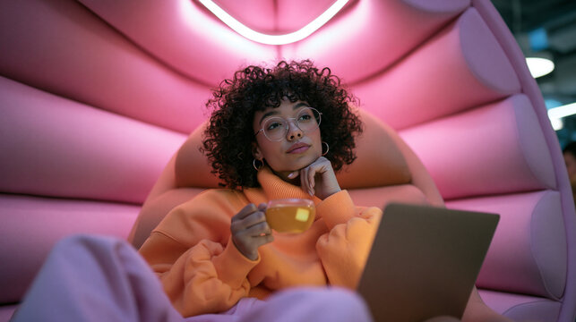 Thoughtful Young Woman Working on Laptop in Modern Pod