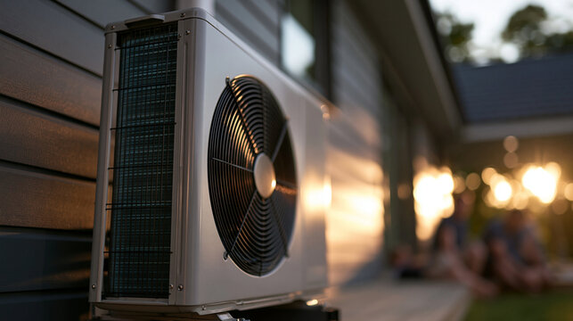Modern Heat Pump Unit Installed Outside Residential House