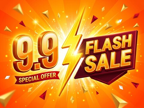 9.9 flash sale banner with bright lightning bolt symbol and big bold golden numbers for special shopping offer promotion on vibrant orange background