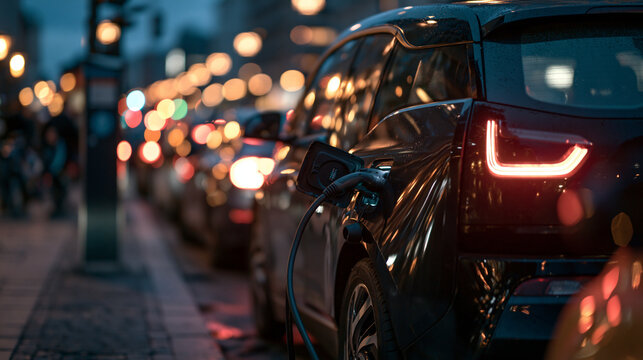Electric Car Charging on City Street at Night