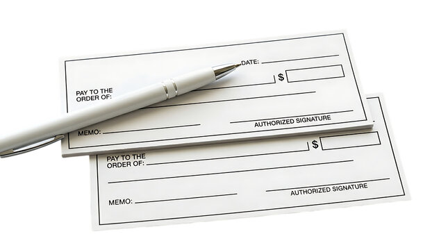 Two blank bank checks with a white pen resting on showing lines for date, amount, payee, and signature, isolated on a white background, financial isolated on a transparent background
