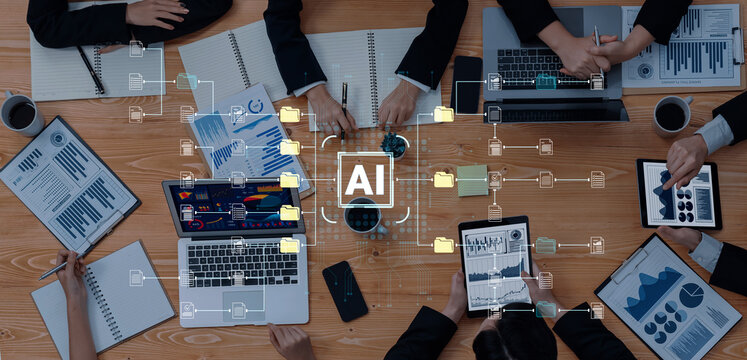 Collaborative Business Meeting with Digital Technology and AI Implementation in a Modern Office Setting. Sentient.