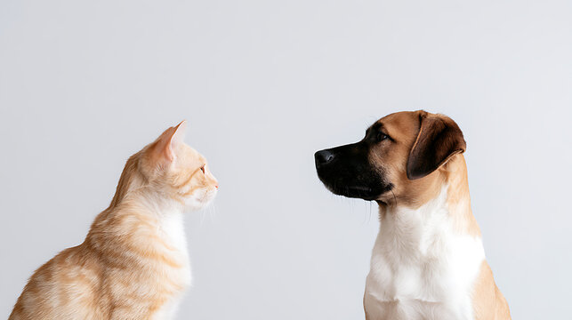 Domestic cat Felis catus and domestic dog Canis lupus familiaris face each other curiously against a clean neutral studio background profile