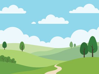 Fototapeta premium Vector illustration of a peaceful green landscape with rolling hills, a winding path, and fluffy clouds in a bright blue sky