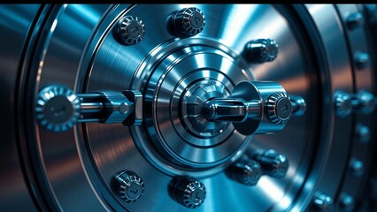 Fototapeta premium Heavy Steel Vault Lock Mechanism Background for Cybersecurity Financial Protection and Data Safety Concepts