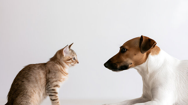 A cute domestic cat Felis catus and a friendly dog Canis lupus familiaris face each other curiously in a studio with light background