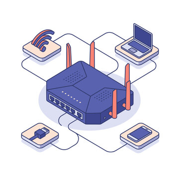 Clean Isometric of Modern Router Connecting Devices via Wi Fi and Ethernet in Blue and Orange with high quality professional line art symbols for modern creative design and digital branding projects