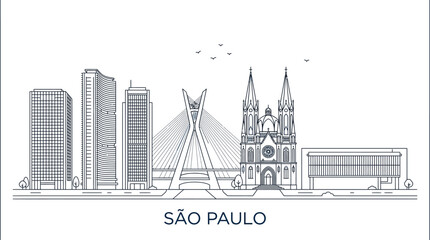Obraz premium Sao Paulo city skyline artistic vector illustration featuring tall skyscrapers and a historic gothic cathedral building