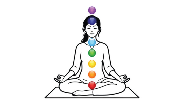 Meditating woman sits in lotus position while displaying seven vibrant glowing chakra energy points above body