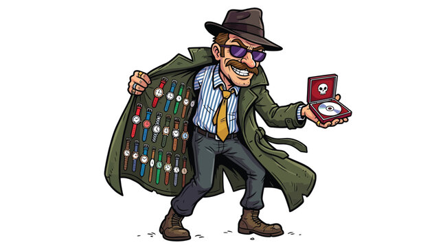 Suspicious cartoon street vendor wearing a trench coat while selling illegal watches and a skull disc