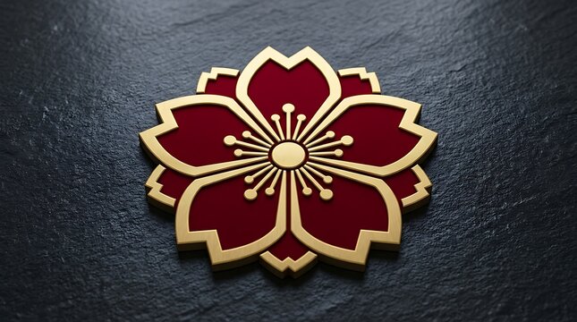 Traditional Japanese Kamon Style Gold and Crimson Sakura Flower Icon