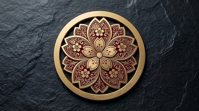 Traditional Japanese Kamon Style Gold and Crimson Sakura Flower Icon