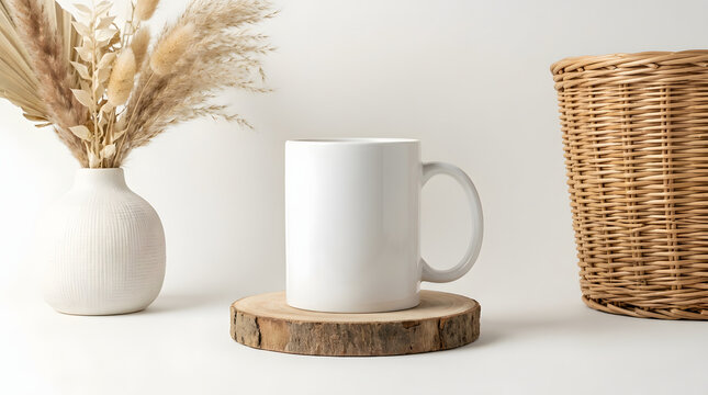 Blank white ceramic coffee mug mockup on a wooden slice with dried flowers and a wicker basket
