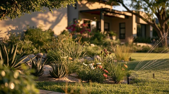 Jardin r&eacute;sidentiel arros&eacute; par un syst&egrave;me d'irrigation automatique au coucher du soleil