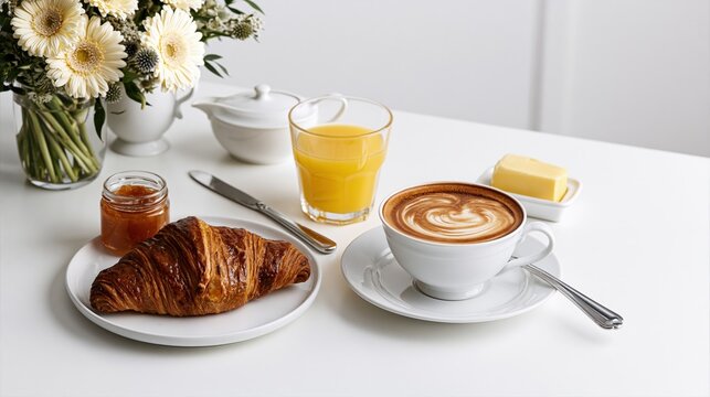 Petit-d&eacute;jeuner continental avec croissant, cappuccino et jus d'orange sur table blanche