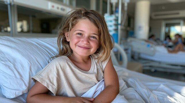 Petite fille souriante assise dans un lit d'h&ocirc;pital p&eacute;diatrique