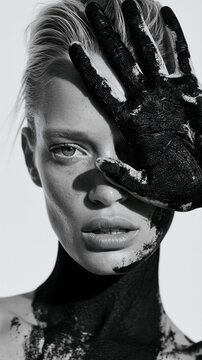 Portrait artistique en noir et blanc d'une femme couvrant son &oelig;il d'une main peinte