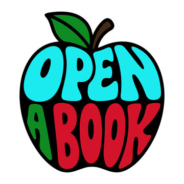 Open a book bubble typography phrase formatted into an apple fruit icon shape with turquoise blue and crimson red letter fills