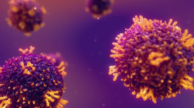 Measles virus morbillivirus pathogen circulating in blood stream, 3d animation. Airborne transmission, immune amnesia, pediatric hospitalization, and MMR vaccine loss of population immunity