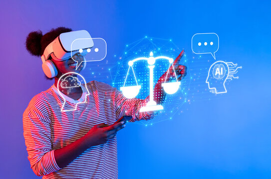 This image illustrates the convergence of artificial intelligence and law, highlighting ethics, governance, and compliance in a digital world through virtual reality technology. XDMCP