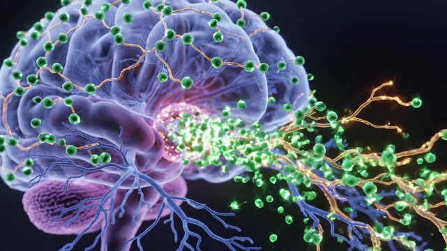  Medical animation of dopamine neurotransmitter release traveling through human brain neural pathways, zoom out